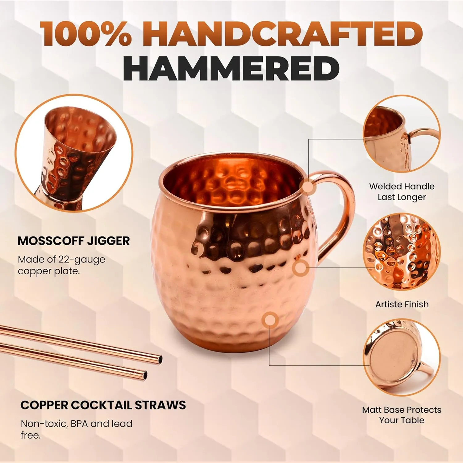CRAFTED COPPER Moscow Mule Cups Set of 6 | 100% Pure Food Safe 16oz Solid Mugs - 16 oz Gift Set for Cold Drinks, Beer, Wine, Bars, Parties