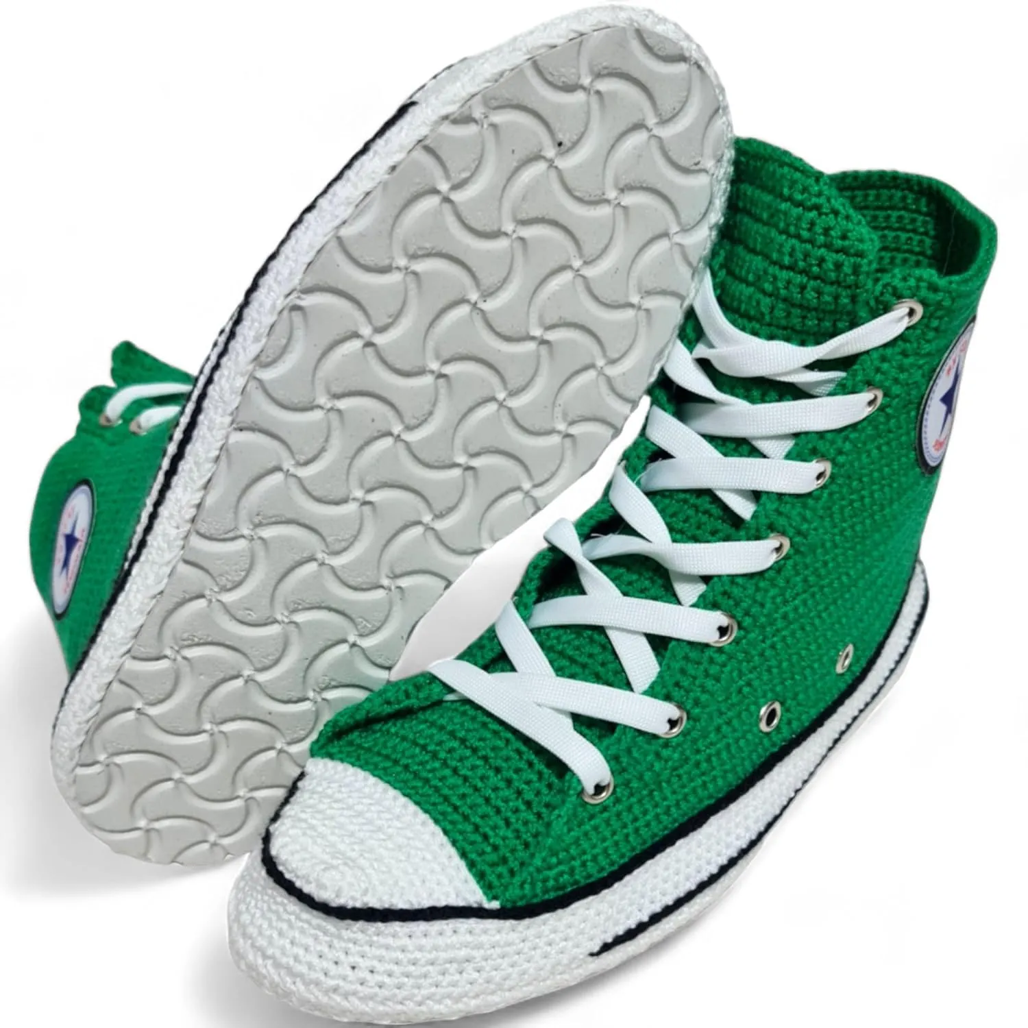 Crochet Green Canvas Style Slippers | Men and Women | Customizable Knitted Shoes | Non-Slip Sole | Eco-Friendly Indoor Plush
