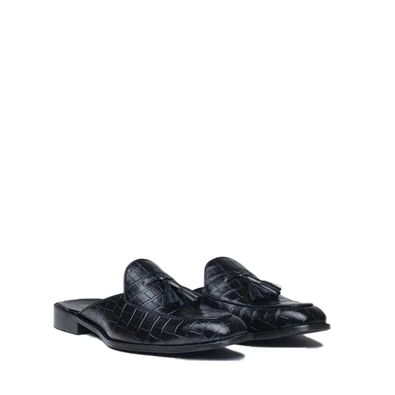 Croco Textured Leather Tassel Mule Shoes