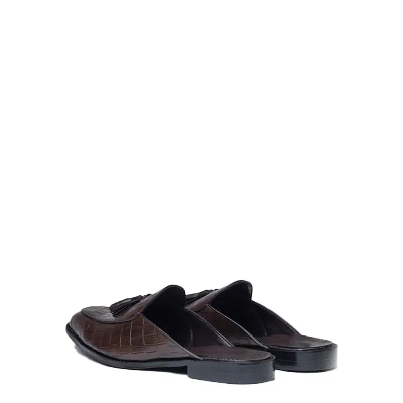 Croco Textured Leather Tassel Mule Shoes