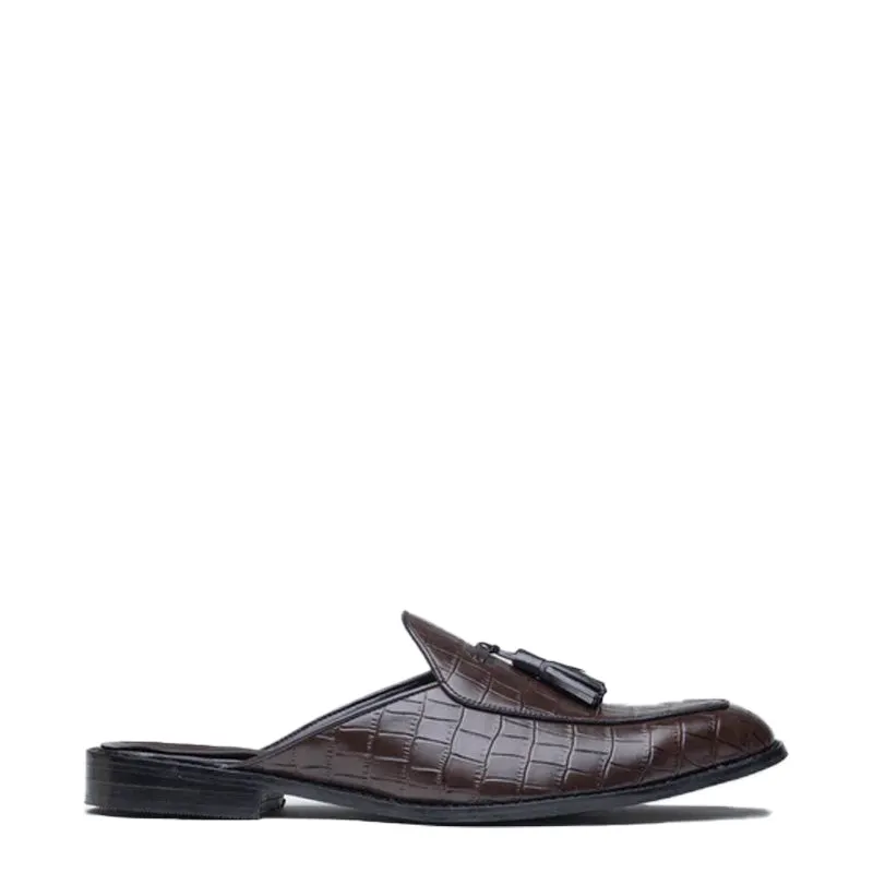 Croco Textured Leather Tassel Mule Shoes