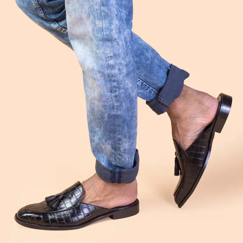 Croco Textured Leather Tassel Mule Shoes
