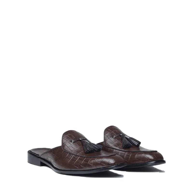 Croco Textured Leather Tassel Mule Shoes
