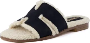 CUSHIONAIRE Women's Voyage Fur Faux Shearling lined slide sandal  Memory Foam, Wide Widths Available