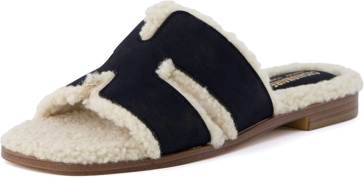 CUSHIONAIRE Women's Voyage Fur Faux Shearling lined slide sandal  Memory Foam, Wide Widths Available
