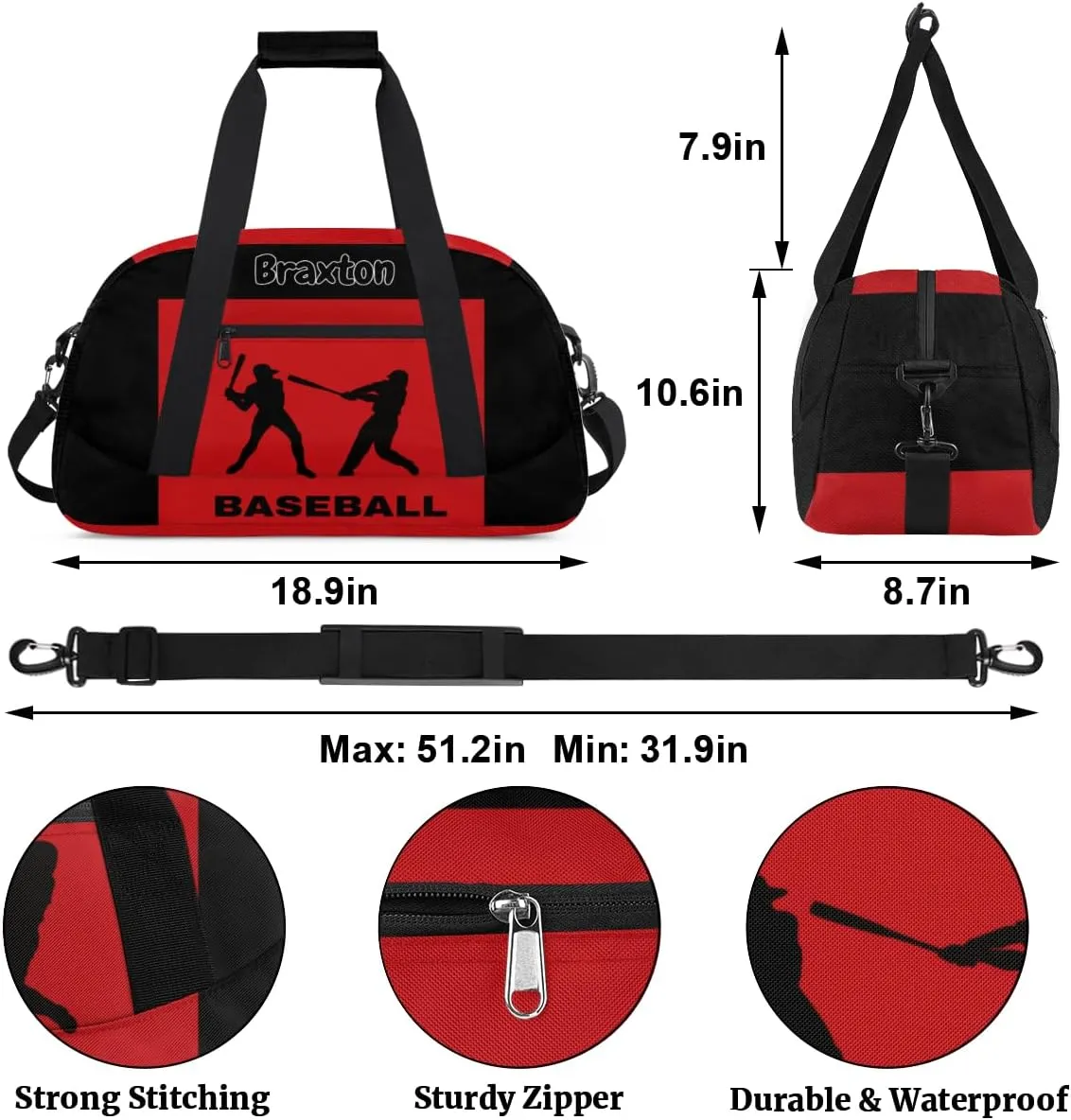 Custom Gym Bag for Kids Boys, Personalized Sports Gym Bag for Teens Men Waterproof Weekender Carry Practice Travel Player Training Bag, Baseball Silhouette