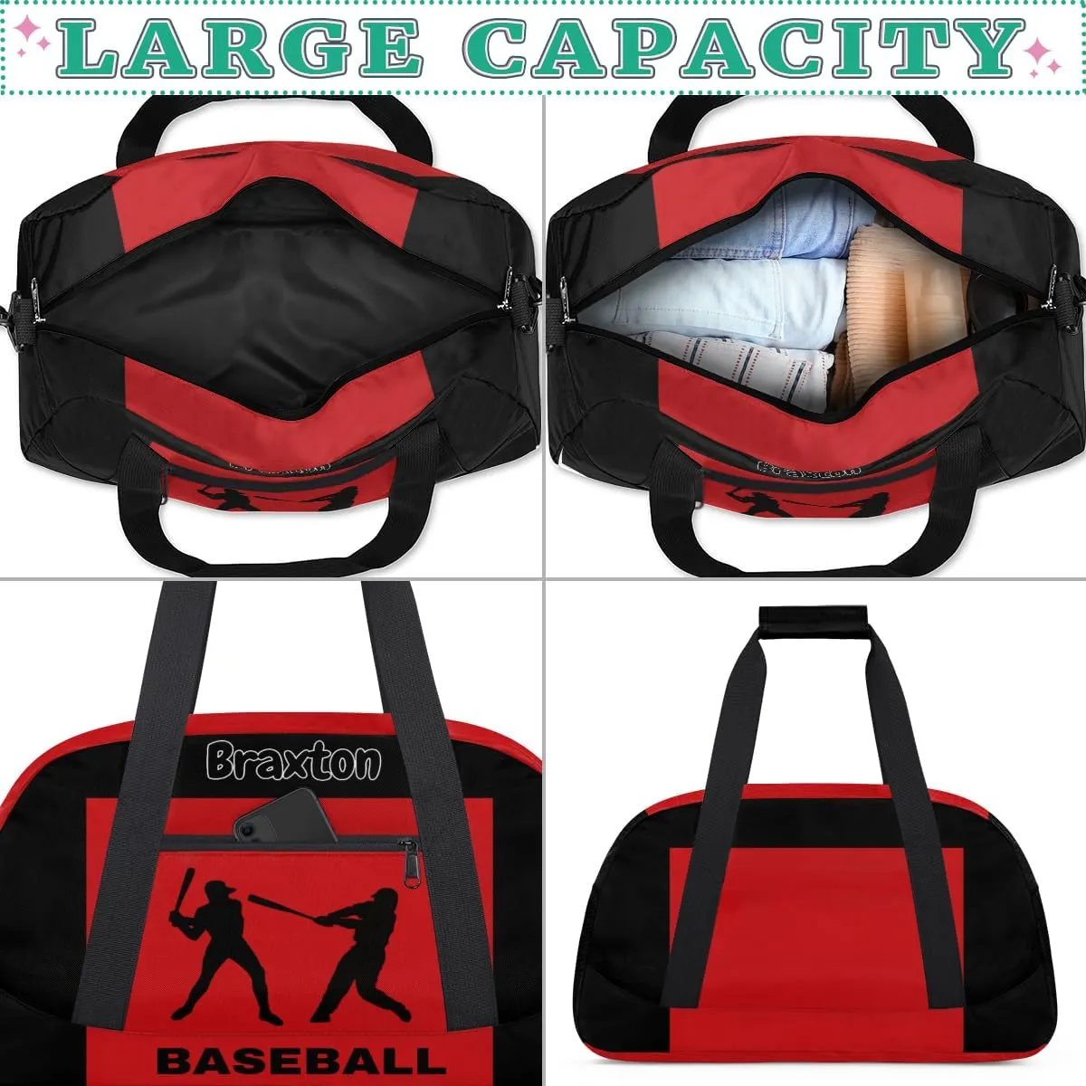 Custom Gym Bag for Kids Boys, Personalized Sports Gym Bag for Teens Men Waterproof Weekender Carry Practice Travel Player Training Bag, Baseball Silhouette