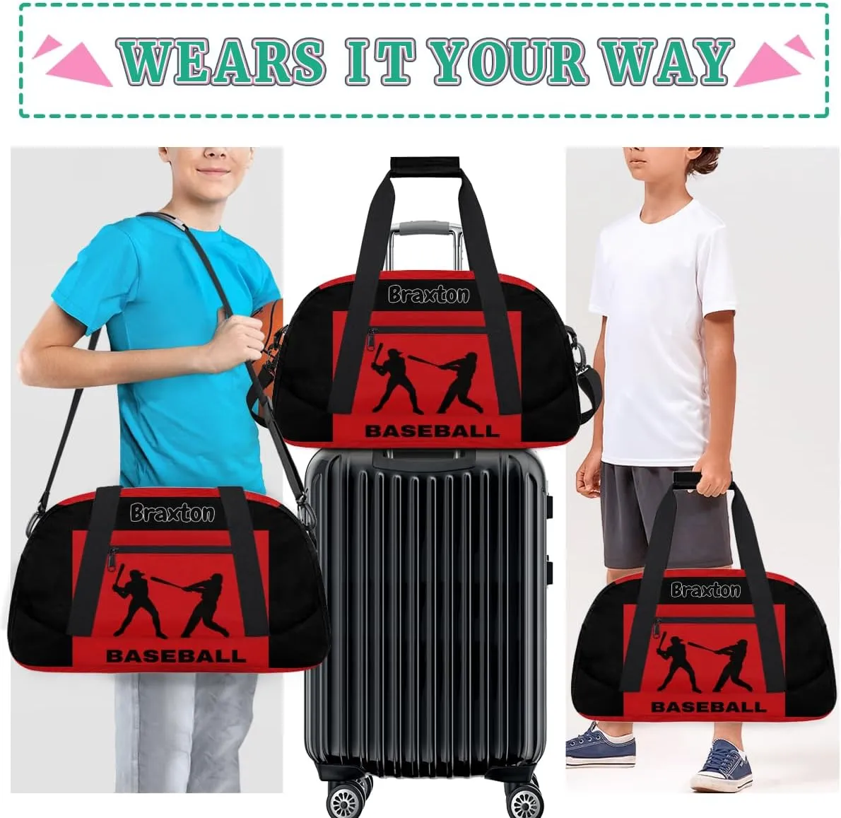 Custom Gym Bag for Kids Boys, Personalized Sports Gym Bag for Teens Men Waterproof Weekender Carry Practice Travel Player Training Bag, Baseball Silhouette