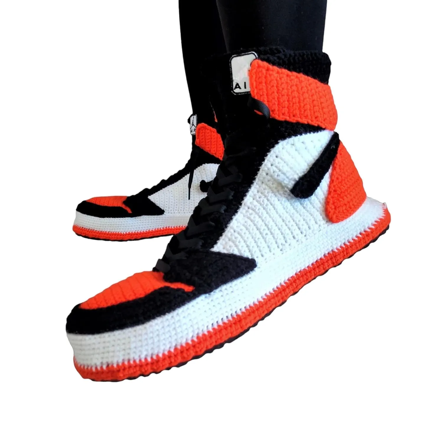Custom Sneakers Slippers, Iconic Basketball Shoes Black & Orange Design Cozy Stylish Shoes, Handmade Knitted Crochet Plush Socks, High Top Air Sneaker Cotton Wool Booties