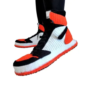Custom Sneakers Slippers, Iconic Basketball Shoes Black & Orange Design Cozy Stylish Shoes, Handmade Knitted Crochet Plush Socks, High Top Air Sneaker Cotton Wool Booties