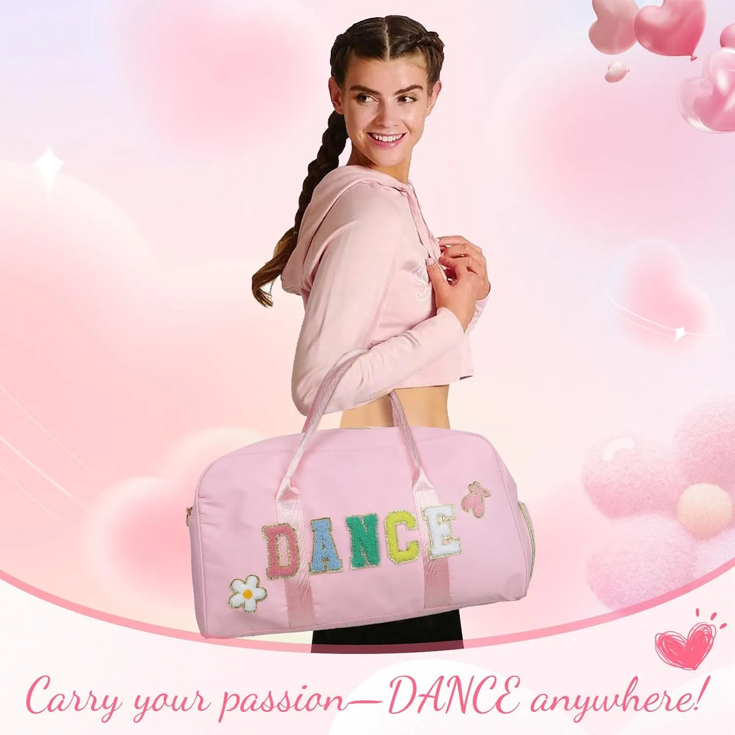 Dance Bag for Girls 2PCS Ballet Cheer Bag with Shoes Compartment Chenille Letter Embroidery for Dancer Travel Overnight bag