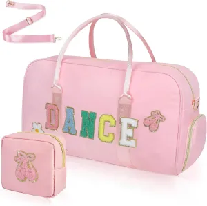 Dance Bag for Girls 2PCS Ballet Cheer Bag with Shoes Compartment Chenille Letter Embroidery for Dancer Travel Overnight bag