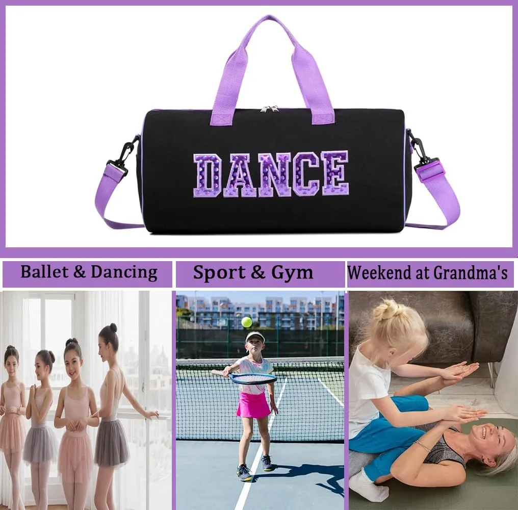 Dance Duffle Bag for Girls, Kids Toy Storage Bag,Weekend Bag,Overnight Bag,Gymnastics bag 17"Lx9"Wx9"H (Purple Set-stretch band)