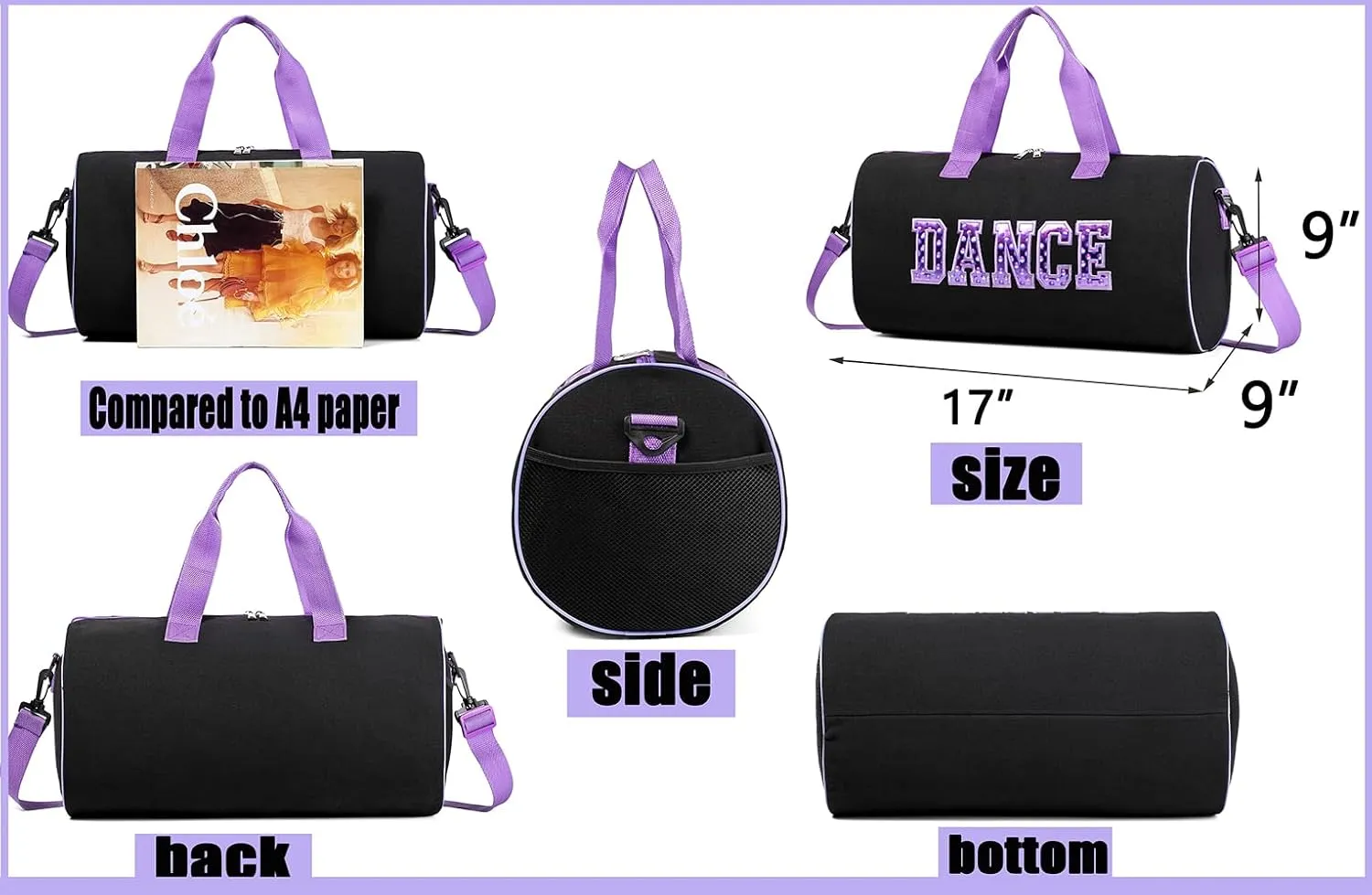 Dance Duffle Bag for Girls, Kids Toy Storage Bag,Weekend Bag,Overnight Bag,Gymnastics bag 17"Lx9"Wx9"H (Purple Set-stretch band)
