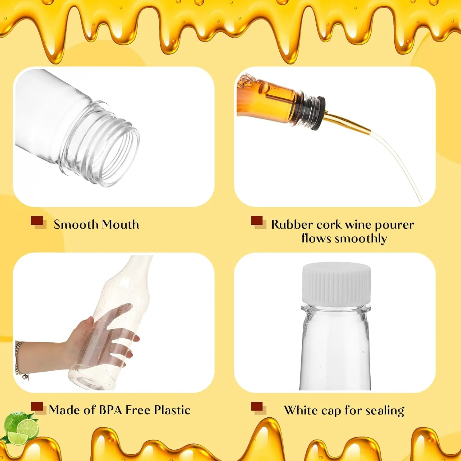 Dandat 20 Pcs 32 oz Plastic Long Neck Bottles with Pourer and Caps Plastic Juice Pour Bottles with Stainless Steel Pourer Tapered Spout for Liquor Juice Store (Gold)