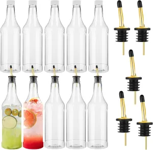 Dandat 20 Pcs 32 oz Plastic Long Neck Bottles with Pourer and Caps Plastic Juice Pour Bottles with Stainless Steel Pourer Tapered Spout for Liquor Juice Store (Gold)