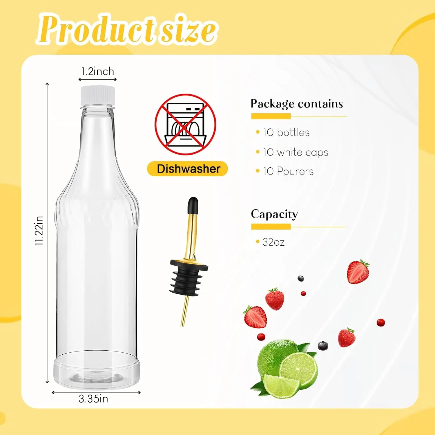 Dandat 20 Pcs 32 oz Plastic Long Neck Bottles with Pourer and Caps Plastic Juice Pour Bottles with Stainless Steel Pourer Tapered Spout for Liquor Juice Store (Gold)