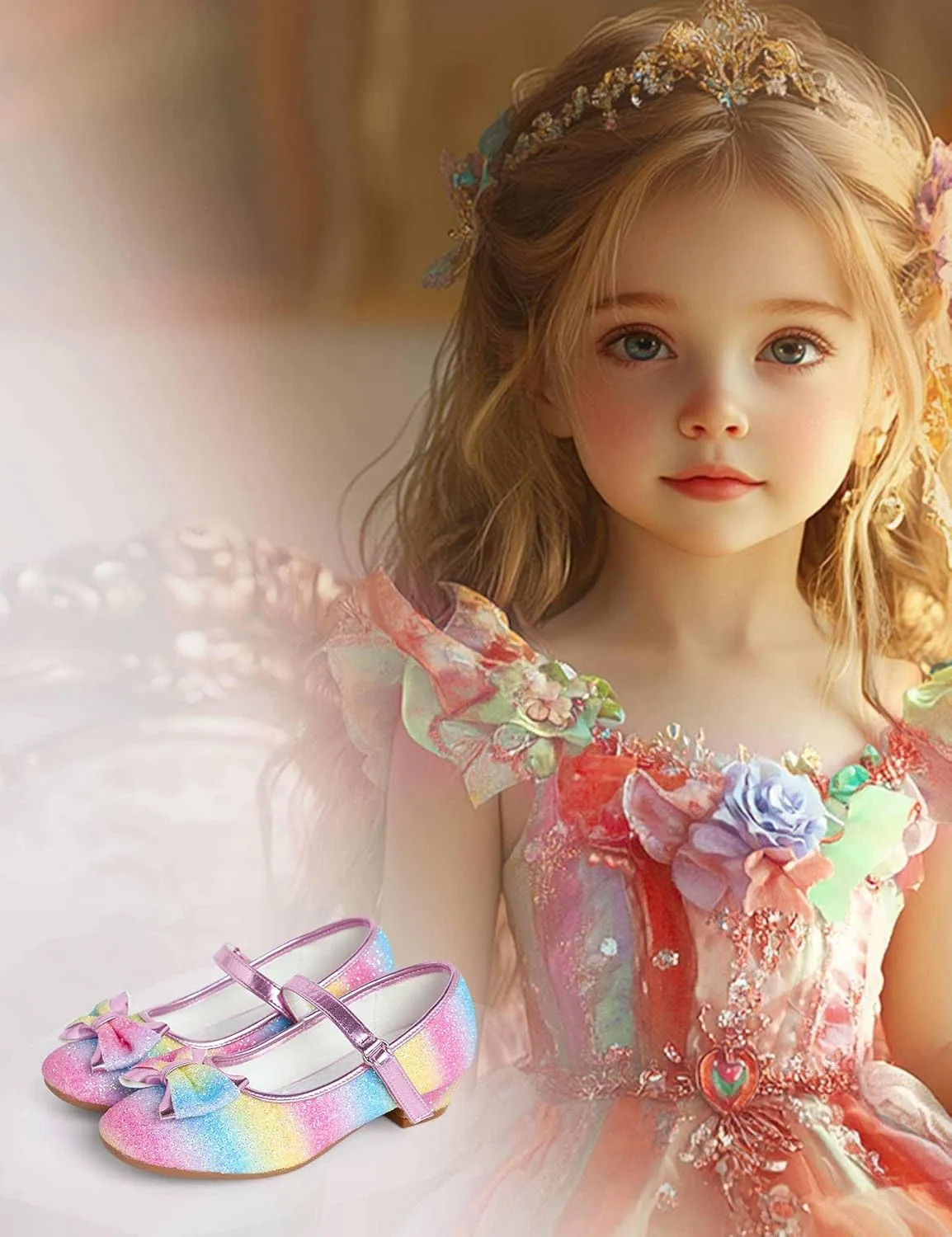 Daydance Kids Toddler Girls Dress Shoes Low Heels Sparkling Flower Mary Jane Footwear for Party Prom Wedding Birthday