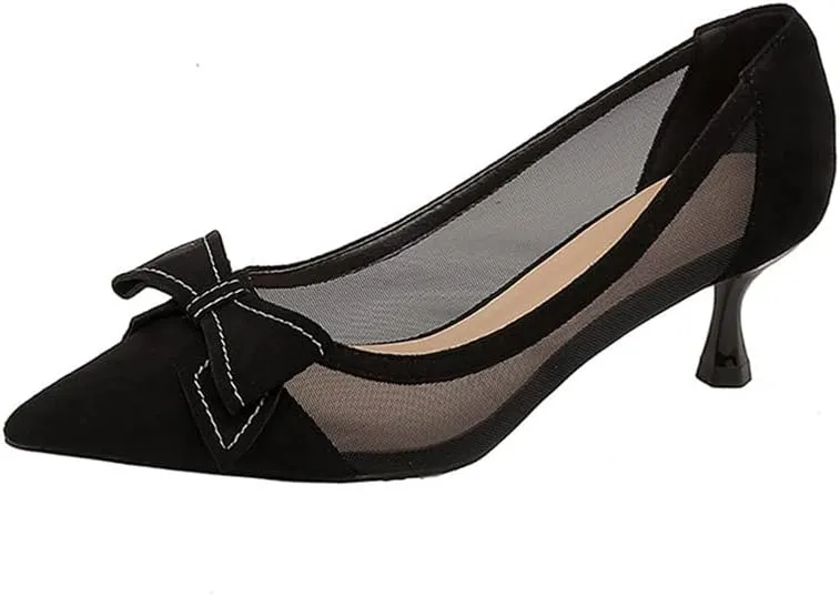 Dear Time Women's Formal Thin Heeled Slip-on Pumps Black Work Shoes,Breathable Sexy Low Heels with Simple Bowknot