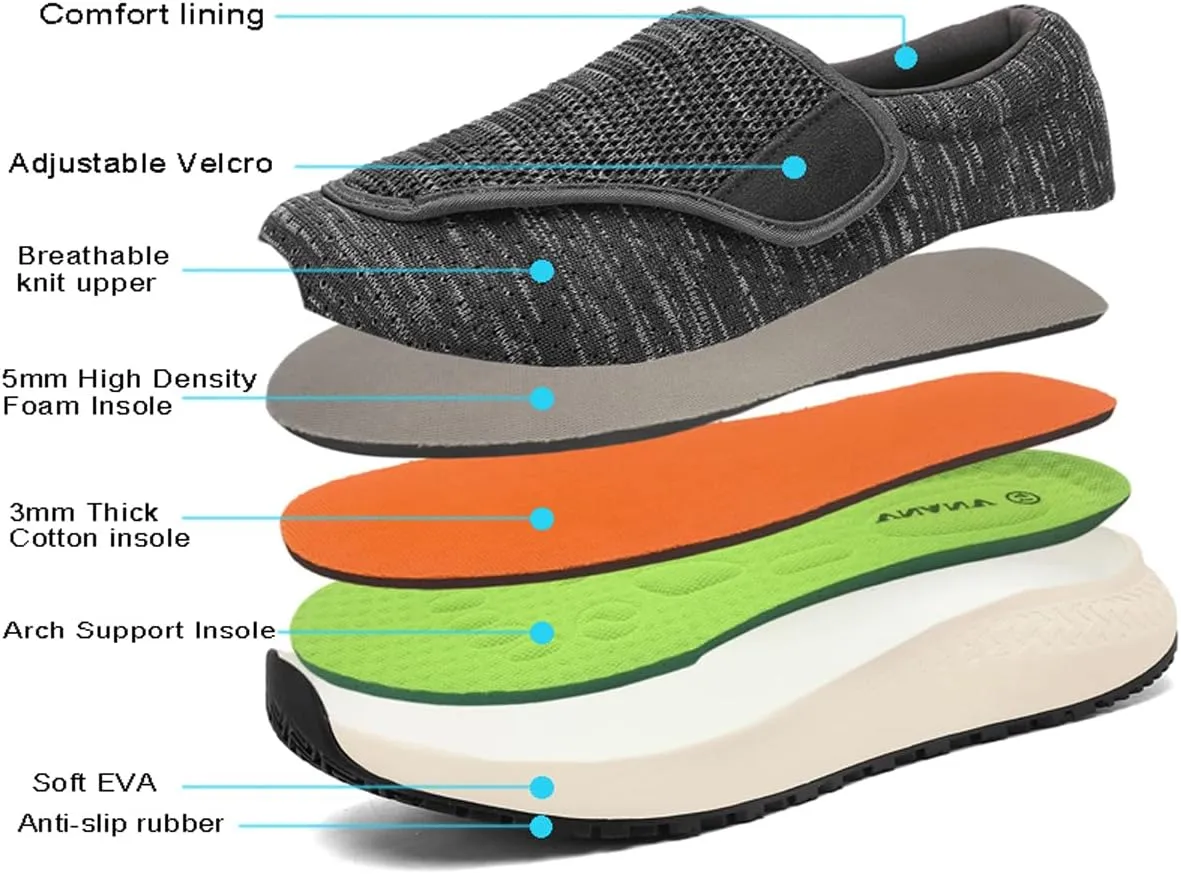 Diabetic Shoes for Men and Women, Adjustable Slip-On Wide Walking Shoes for Swollen Feet, Orthopedic Foot Pain Relief, Neuropathy - EasyTop Wings