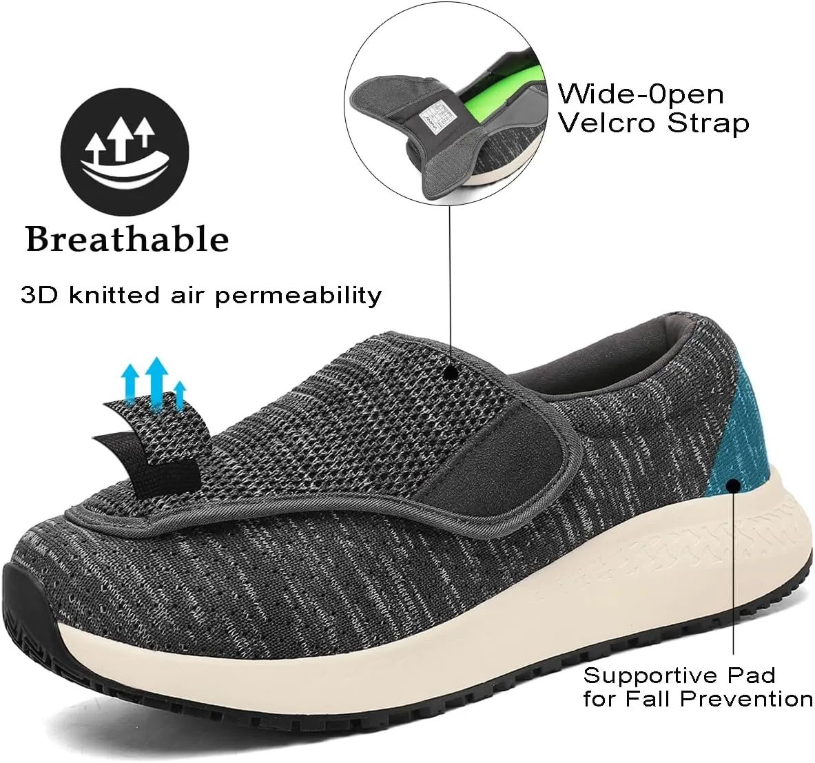 Diabetic Shoes for Men and Women, Adjustable Slip-On Wide Walking Shoes for Swollen Feet, Orthopedic Foot Pain Relief, Neuropathy - EasyTop Wings