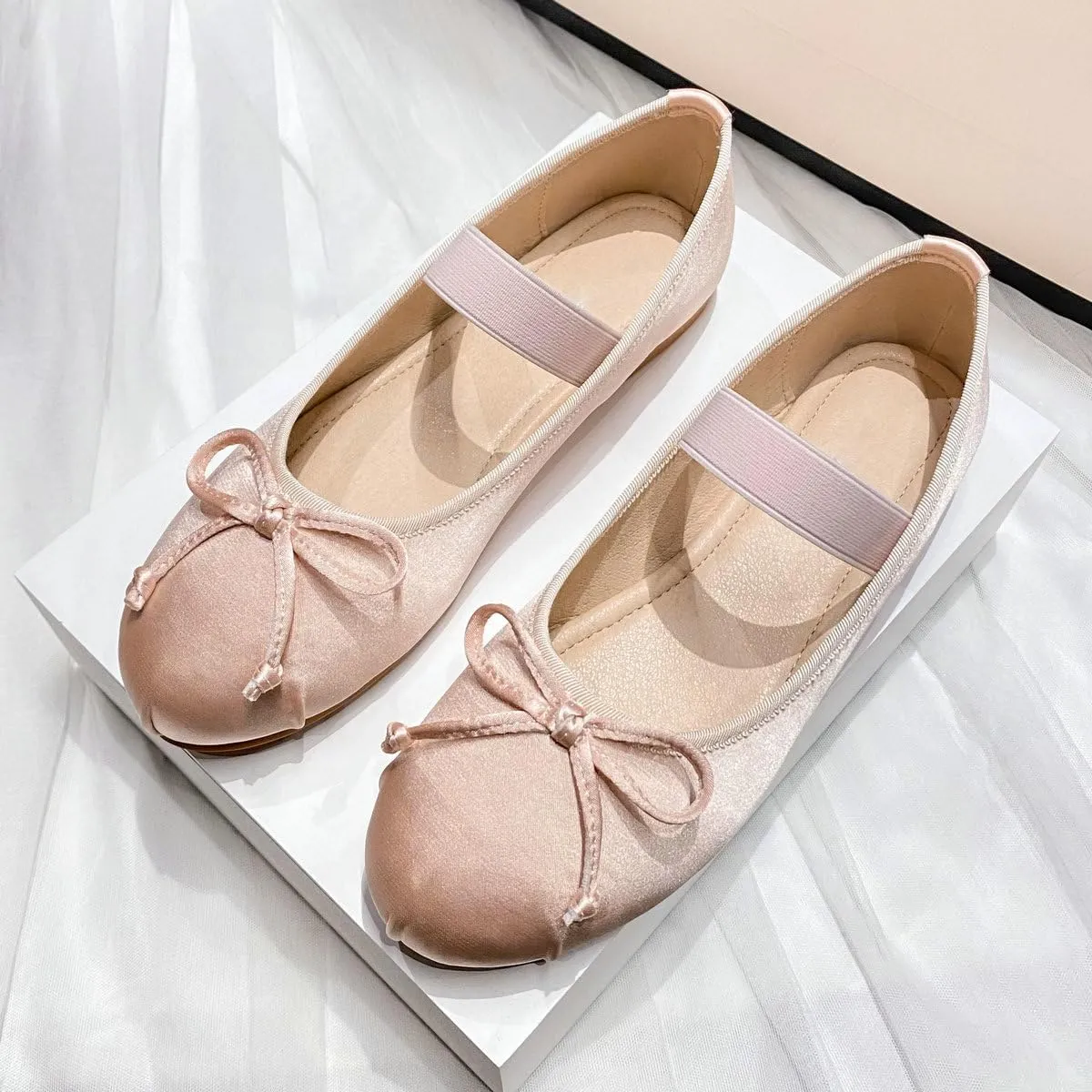 DINTAHA Ballet Flats with Strap Bow Mary Jane Flats for Women,Satin Wedding Dress Shoes