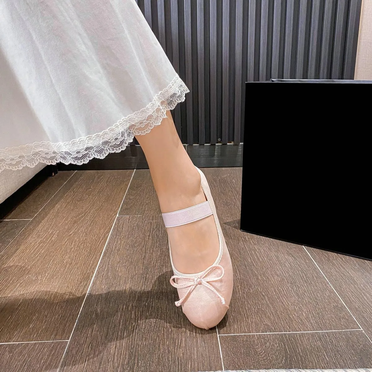 DINTAHA Ballet Flats with Strap Bow Mary Jane Flats for Women,Satin Wedding Dress Shoes