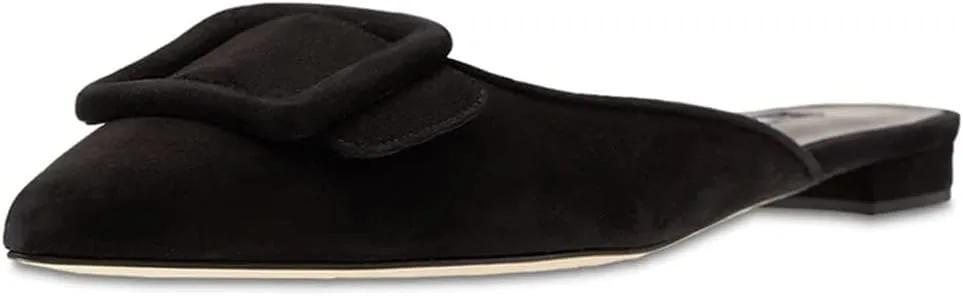 Divanne Mules for Women, Buckle Flat Mules Pointed Toe Backless Mule Slides Suede Slip On Loafers
