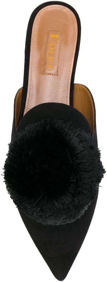 Divanne Mules for Women, Puff Pompom-Embellished Slip On Loafers Backless Pointed Toe Satin Mule Slides