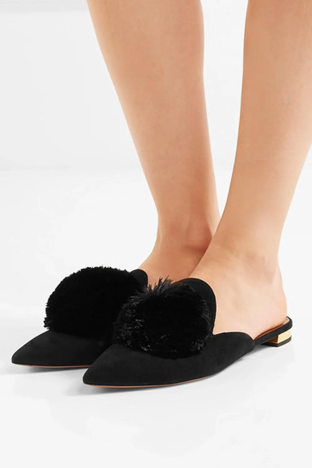 Divanne Mules for Women, Puff Pompom-Embellished Slip On Loafers Backless Pointed Toe Satin Mule Slides