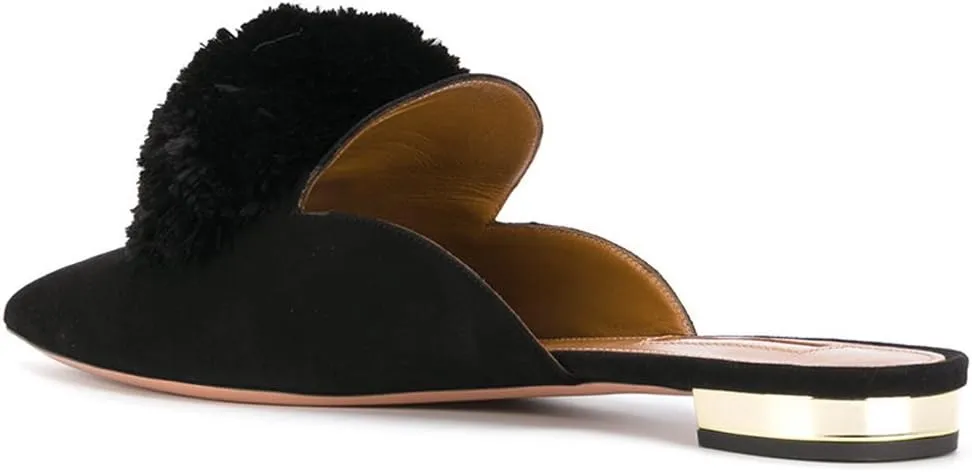 Divanne Mules for Women, Puff Pompom-Embellished Slip On Loafers Backless Pointed Toe Satin Mule Slides