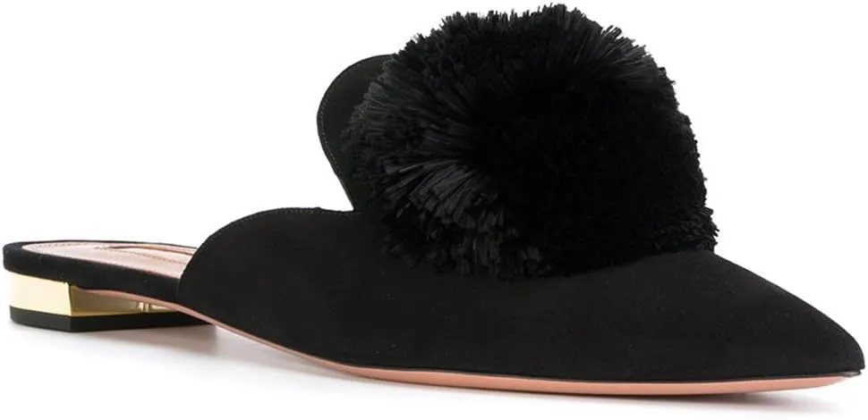 Divanne Mules for Women, Puff Pompom-Embellished Slip On Loafers Backless Pointed Toe Satin Mule Slides