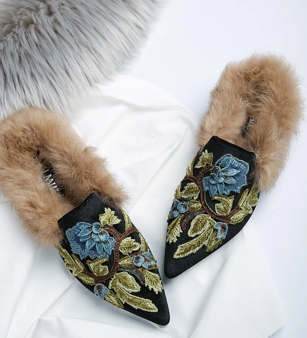 Divanne Slip On Loafers, Womens Embroidery Mule Shoes with Plush Lamb Fur Velvet Backless Pointed Toe Mule Slide