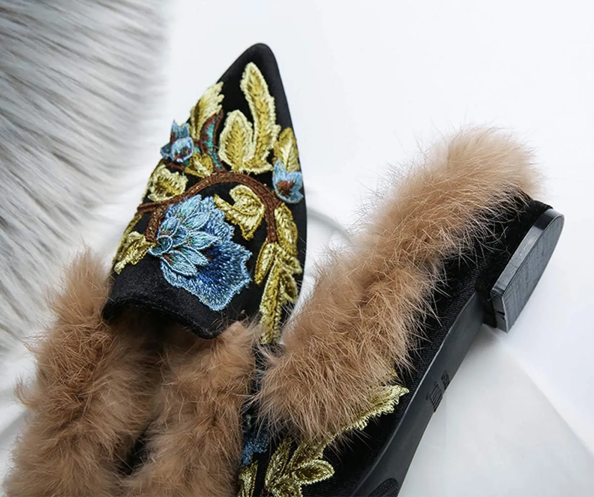 Divanne Slip On Loafers, Womens Embroidery Mule Shoes with Plush Lamb Fur Velvet Backless Pointed Toe Mule Slide