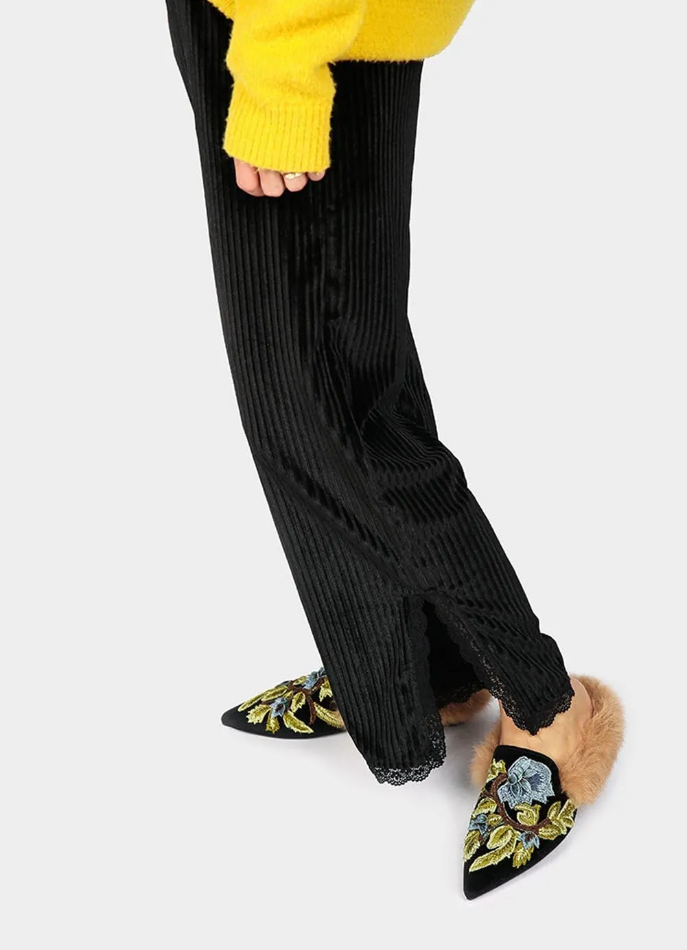 Divanne Slip On Loafers, Womens Embroidery Mule Shoes with Plush Lamb Fur Velvet Backless Pointed Toe Mule Slide