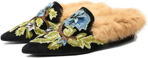 Divanne Slip On Loafers, Womens Embroidery Mule Shoes with Plush Lamb Fur Velvet Backless Pointed Toe Mule Slide