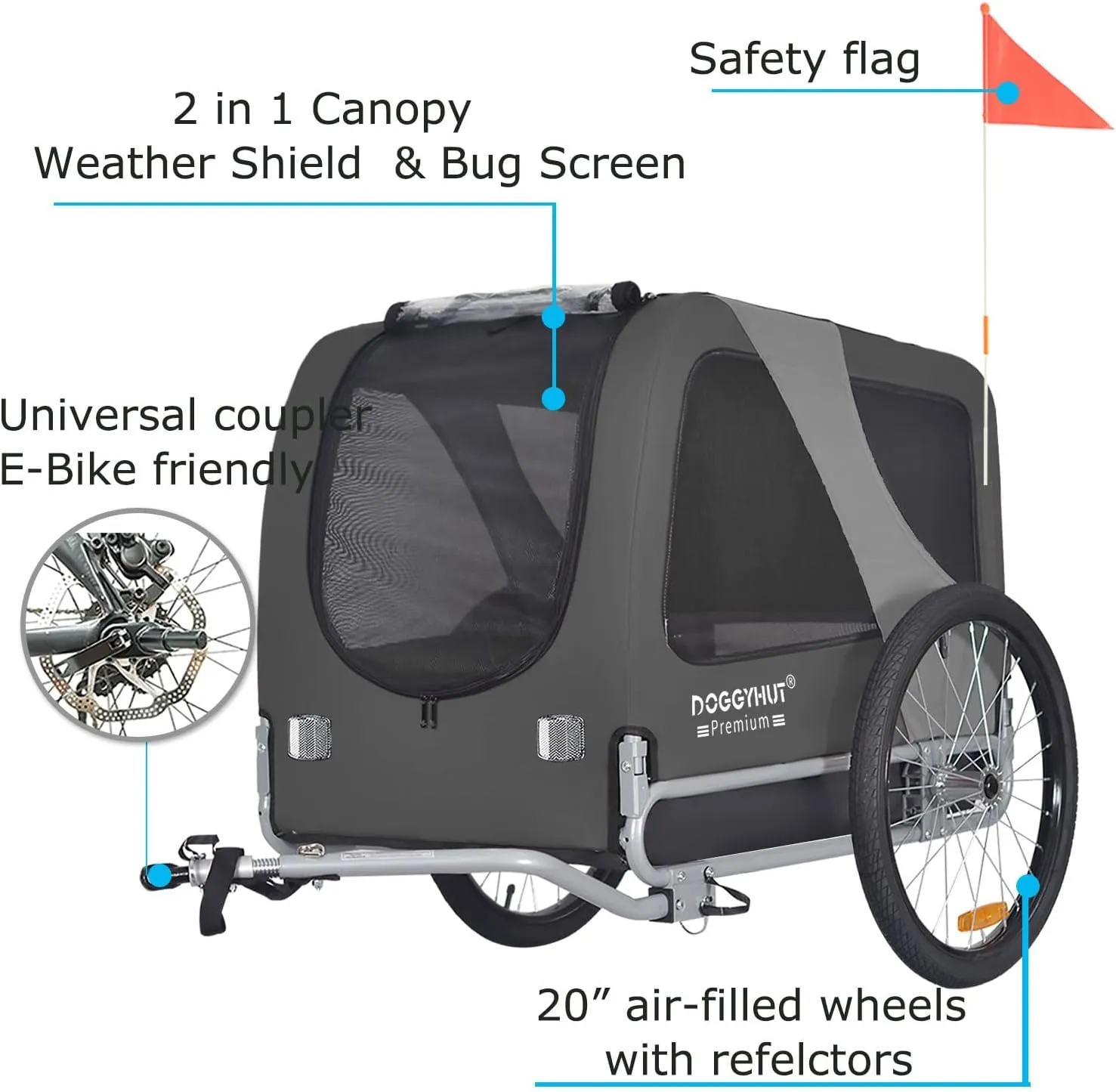 DOGGYHUT® Premium Large Pet Bike Trailer for Medium or Large Dog, Up to 78 lbs,Dog Bicycle Carrier,Low Center of Gravity,Easy Folding Frame