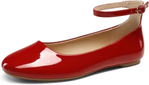 DREAM PAIRS Women's Dressy Ballet Flats Shoes Round Toe Comfortable Ankle Strap Patent Ballerina Flats Shoes
