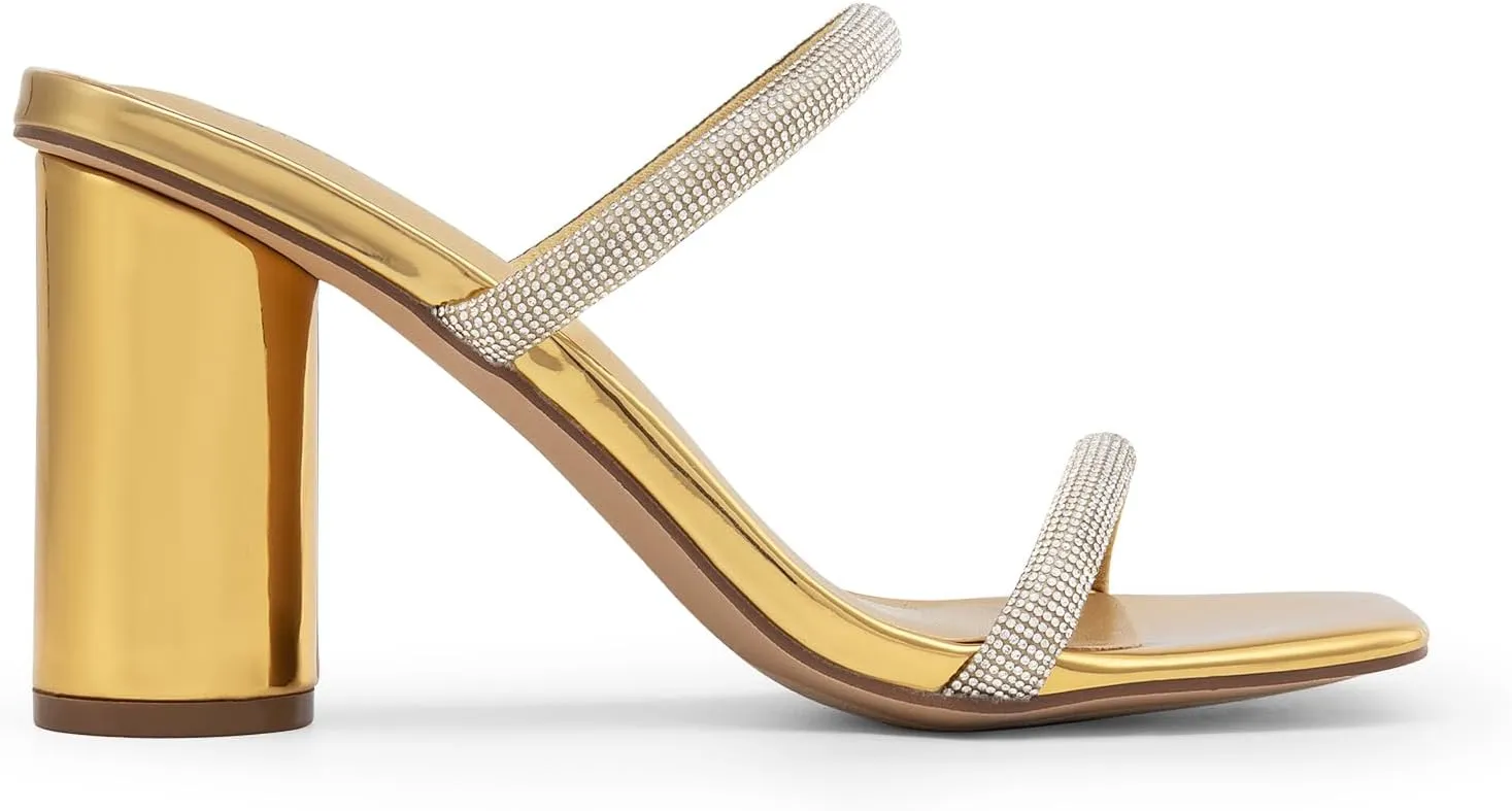 DREAM PAIRS Women's Square Open Toe Block Heels Two Strap Slip On High Heeled Slides Sandals