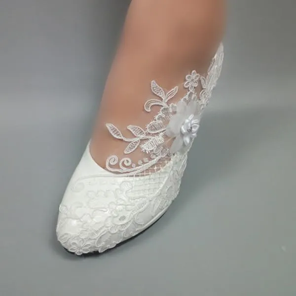 Dress First Wedding Shoes for Bride Women Pump Faux Leather High Heel Closed Toe Flower Rhinestone Lace Elegant Slip On Shoes