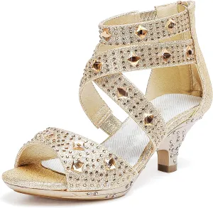 Dufannie Toddler Little Big Kid High Heels Flower Girls Party Dress Shoes Glitter Pump Sandals