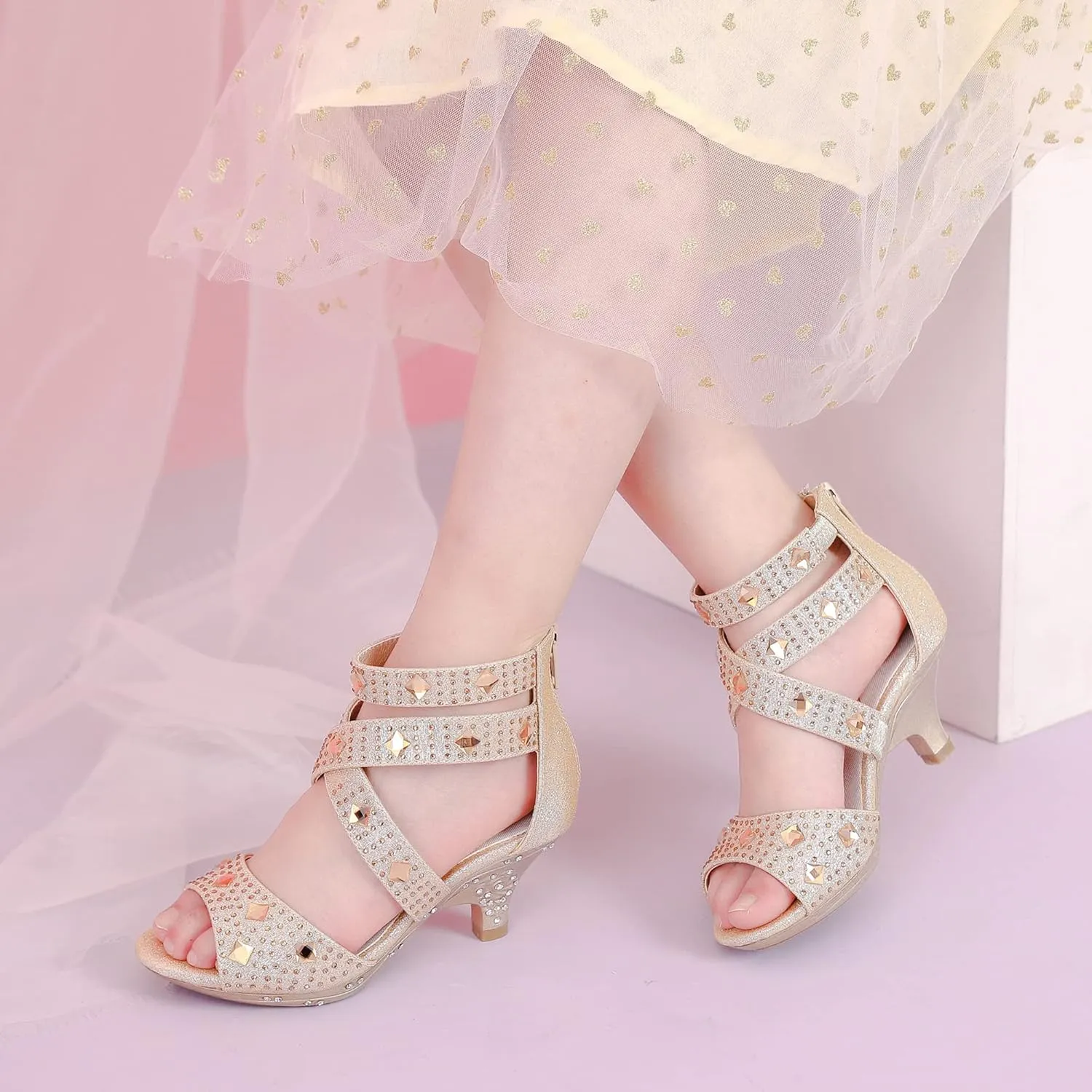 Dufannie Toddler Little Big Kid High Heels Flower Girls Party Dress Shoes Glitter Pump Sandals