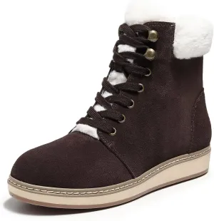 DUNION Doe Women's Waterproof Leather Ankle Round Toe Winter Boot Lace Up Padded Collar Sneaker Casual Bootie
