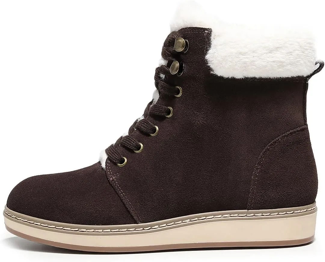 DUNION Doe Women's Waterproof Leather Ankle Round Toe Winter Boot Lace Up Padded Collar Sneaker Casual Bootie