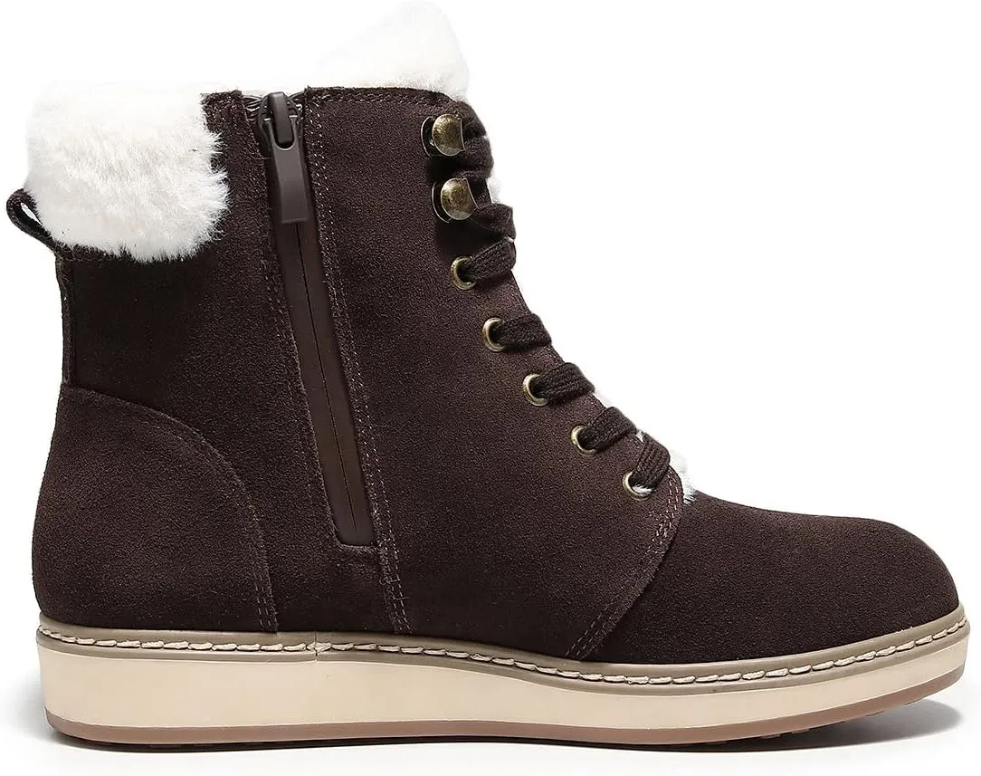 DUNION Doe Women's Waterproof Leather Ankle Round Toe Winter Boot Lace Up Padded Collar Sneaker Casual Bootie