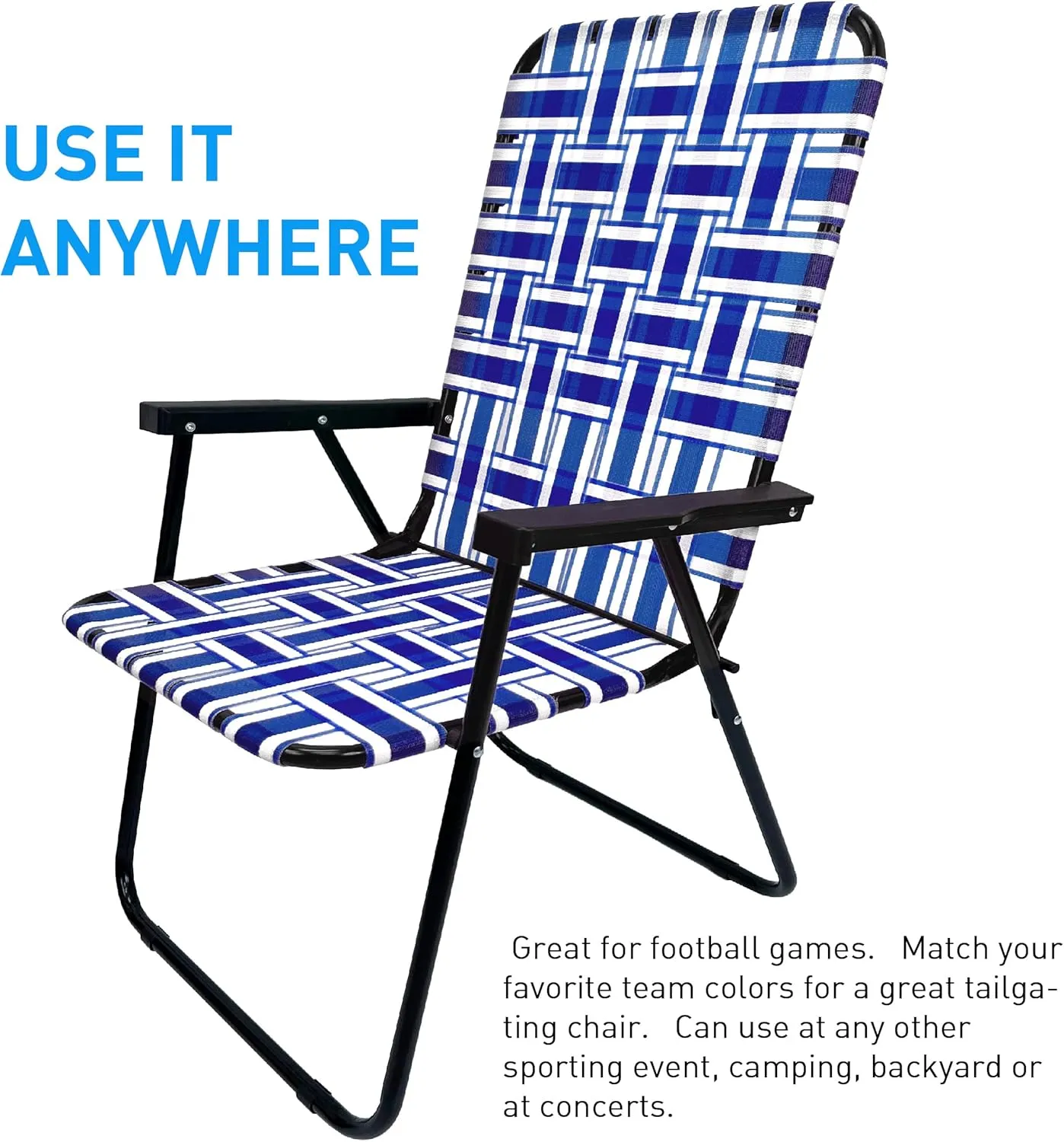 EasyGo Product Lawn Chair Folding Steel Webbing Chaise Patio Lounger Seat Wood Handles Great for Camping, Beach, Fishing, Backyard, Stadium, Pool, Boating, and Sports 2 Pack Blue
