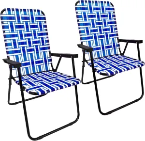 EasyGo Product Lawn Chair Folding Steel Webbing Chaise Patio Lounger Seat Wood Handles Great for Camping, Beach, Fishing, Backyard, Stadium, Pool, Boating, and Sports 2 Pack Blue