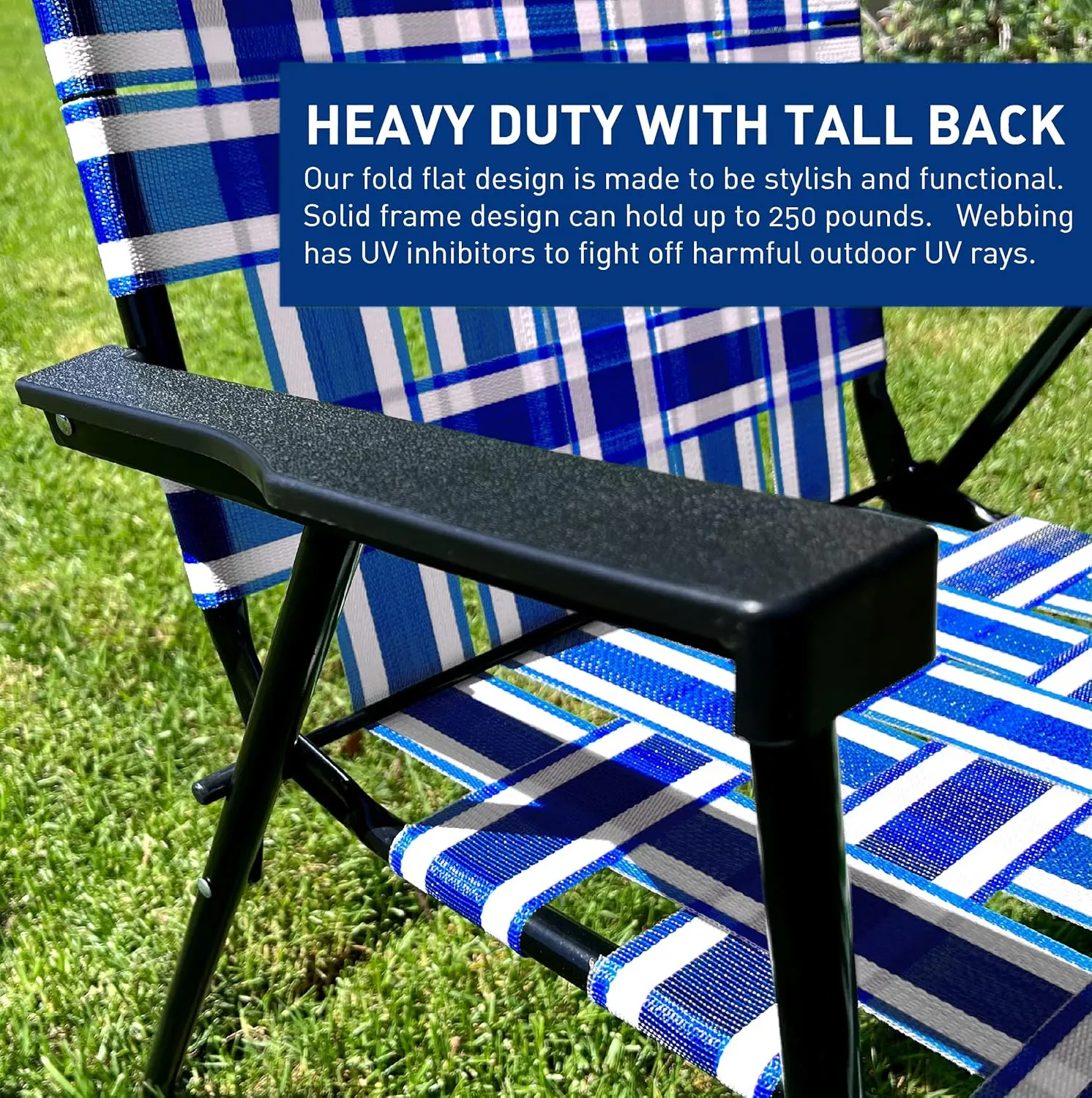 EasyGo Product Lawn Chair Folding Steel Webbing Chaise Patio Lounger Seat Wood Handles Great for Camping, Beach, Fishing, Backyard, Stadium, Pool, Boating, and Sports 2 Pack Blue
