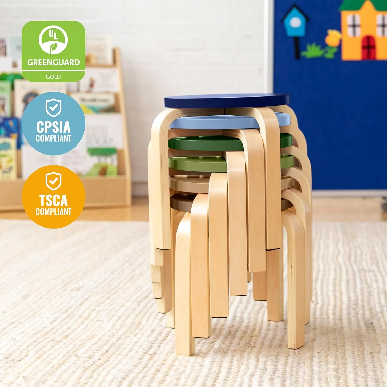 ECR4Kids Bentwood Stackable Stools, Classroom Furniture, Earthtone, 6-Piece