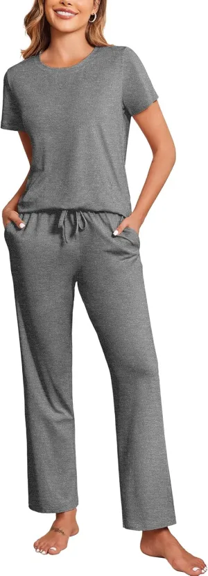 Ekouaer Cotton Pajamas Short Sleeve T-Shirt Top and Long Pants Pj Sets Sleepwear Loungewear for Women